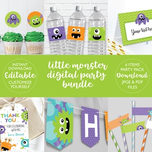 Monster Birthday Party Kit DIGITAL | Little Monster Party Bundle Set | Personalized Party Pack | EDITABLE Printable File Download A105