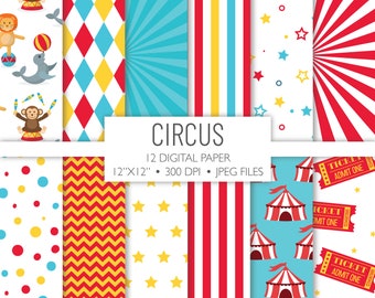 Zirkus Digitales Papier | Karneval Hintergrund Muster | Scrapbook-Seiten | Druckbare Datei | Sofort Download A102