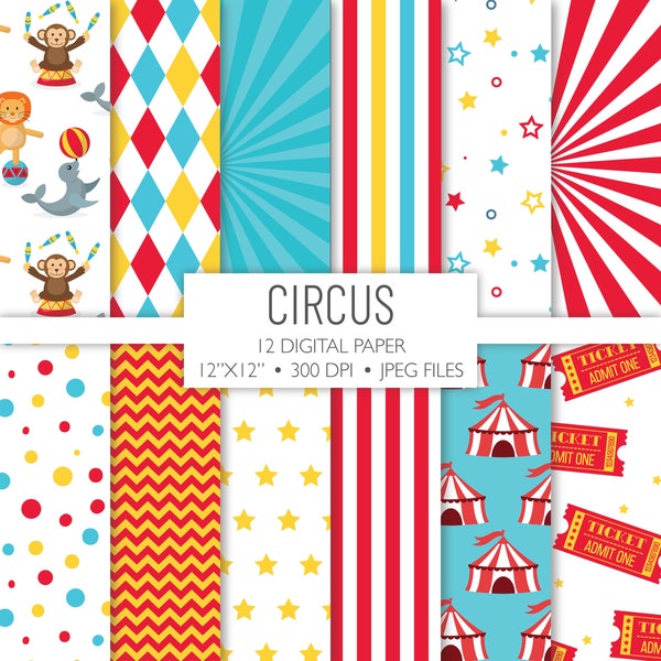 Circus digitaal papier | Carnaval-achtergrondpatroon | Plakboekpagina's | Afdrukbaar bestand | Direct downloaden A102