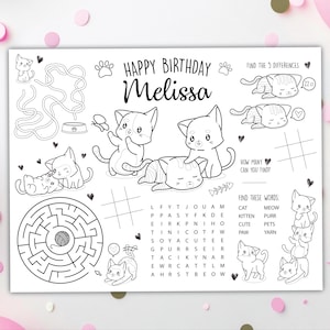 Kitten Coloring Placemat DIGITAL | Cat Party Activity | Kids Coloring Page | EDITABLE Printable File Download A101