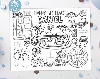 Pool Party Coloring Placemat DIGITAL | Summer Party Activity Sheet | Kids Coloring Page | EDITABLE Printable File Download