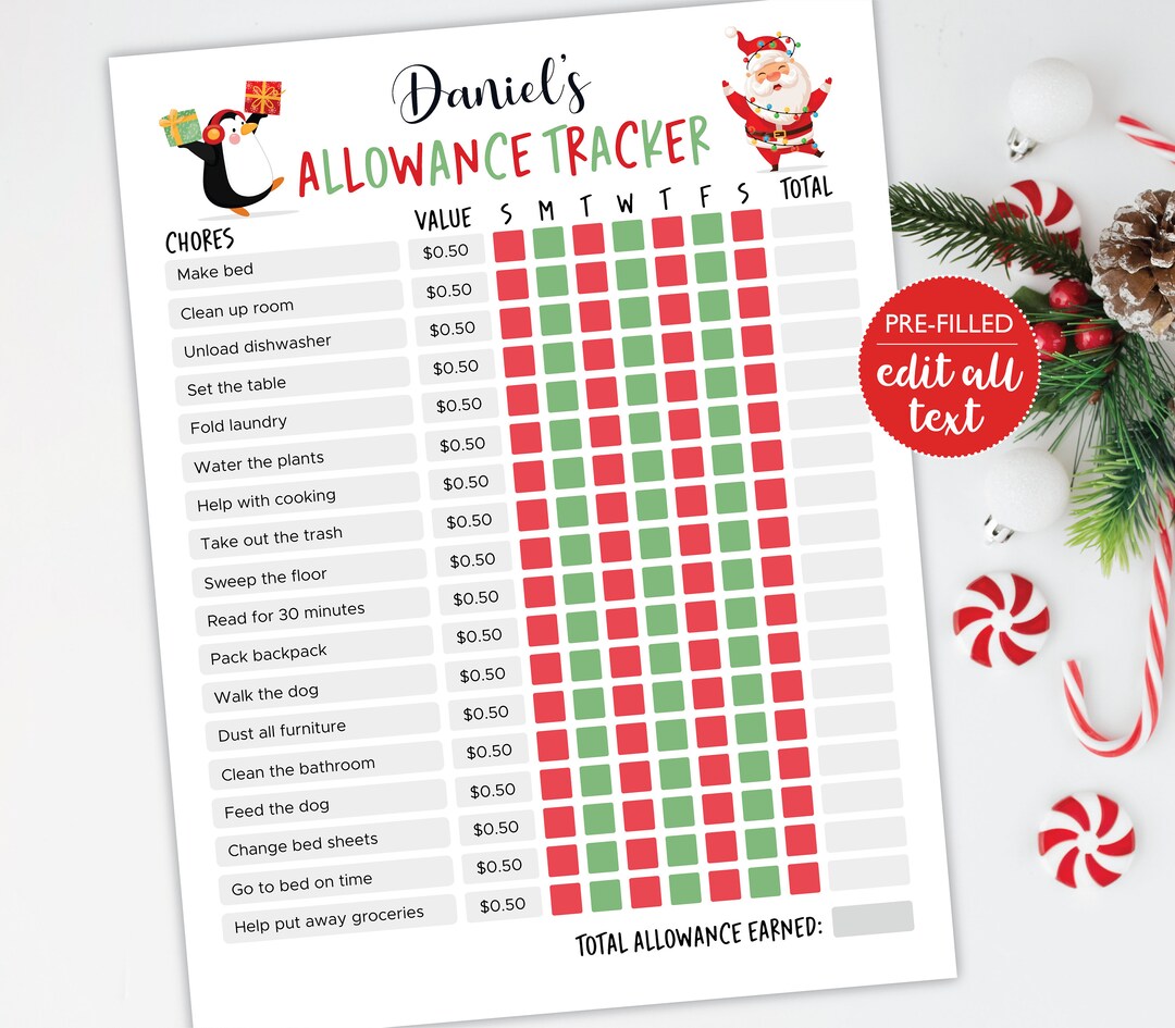 Christmas Allowance Tracker for Kids DIGITAL Santa Weekly Etsy