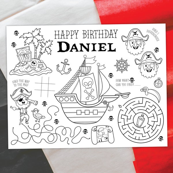 Pirate Coloring Placemat DIGITAL | Pirate Ship Party Activity Sheet | Kids Coloring Page Printable File | EDITABLE Printable File Download