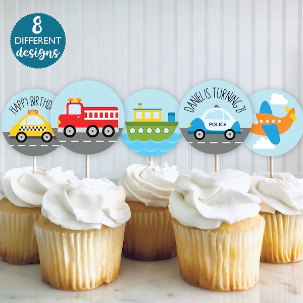 Transportation Birthday Cupcake Toppers DIGITAL | Transport Party Decoration | Vehicles Printable File | EDITABLE Instant Download A112