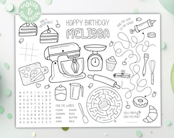 Baking Coloring Placemat DIGITAL | Bake Party Activity Sheet | Kids Coloring Page | EDITABLE Printable File Download