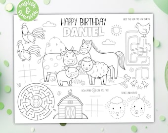 Farm Animals Coloring Placemat DIGITAL | Barnyard Party Activity | Kids Coloring Page | EDITABLE Printable File Download