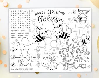 Honey Bee Coloring Placemat DIGITAL | Bumble Bee Party Activity | Kids Coloring Page | EDITABLE Printable File Download A121