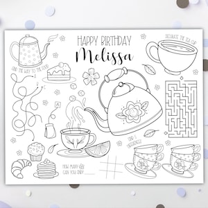Tea Party Coloring Placemat DIGITAL | Party Activity Sheet | Kids Coloring Page | EDITABLE Printable File Download