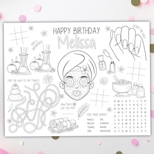 Set de table à colorier pour spa NUMÉRIQUE | Feuille d&#39;activités pour se faire dorloter et se maquiller | Coloriage pour enfants | Téléchargement de fichier imprimable MODIFIABLE
