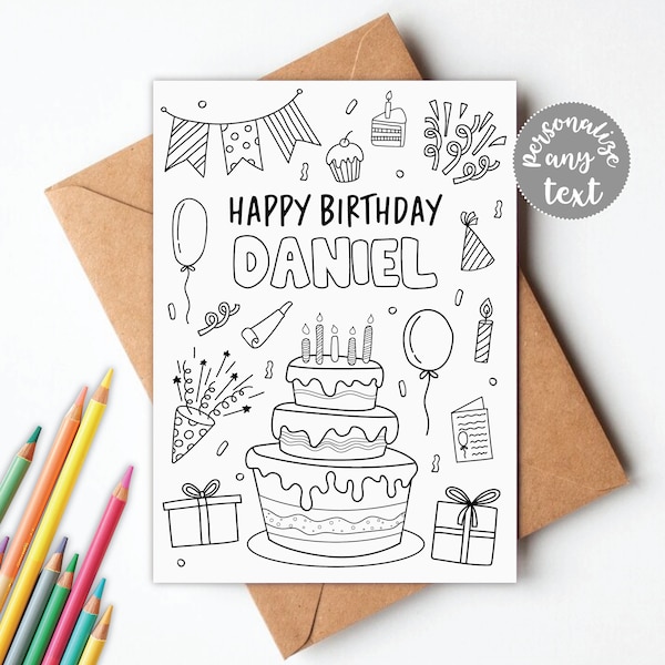 Happy Birthday Coloring Card DIGITAL | Colouring Greeting Card for Kids | Instant Download | EDITABLE Printable File Download