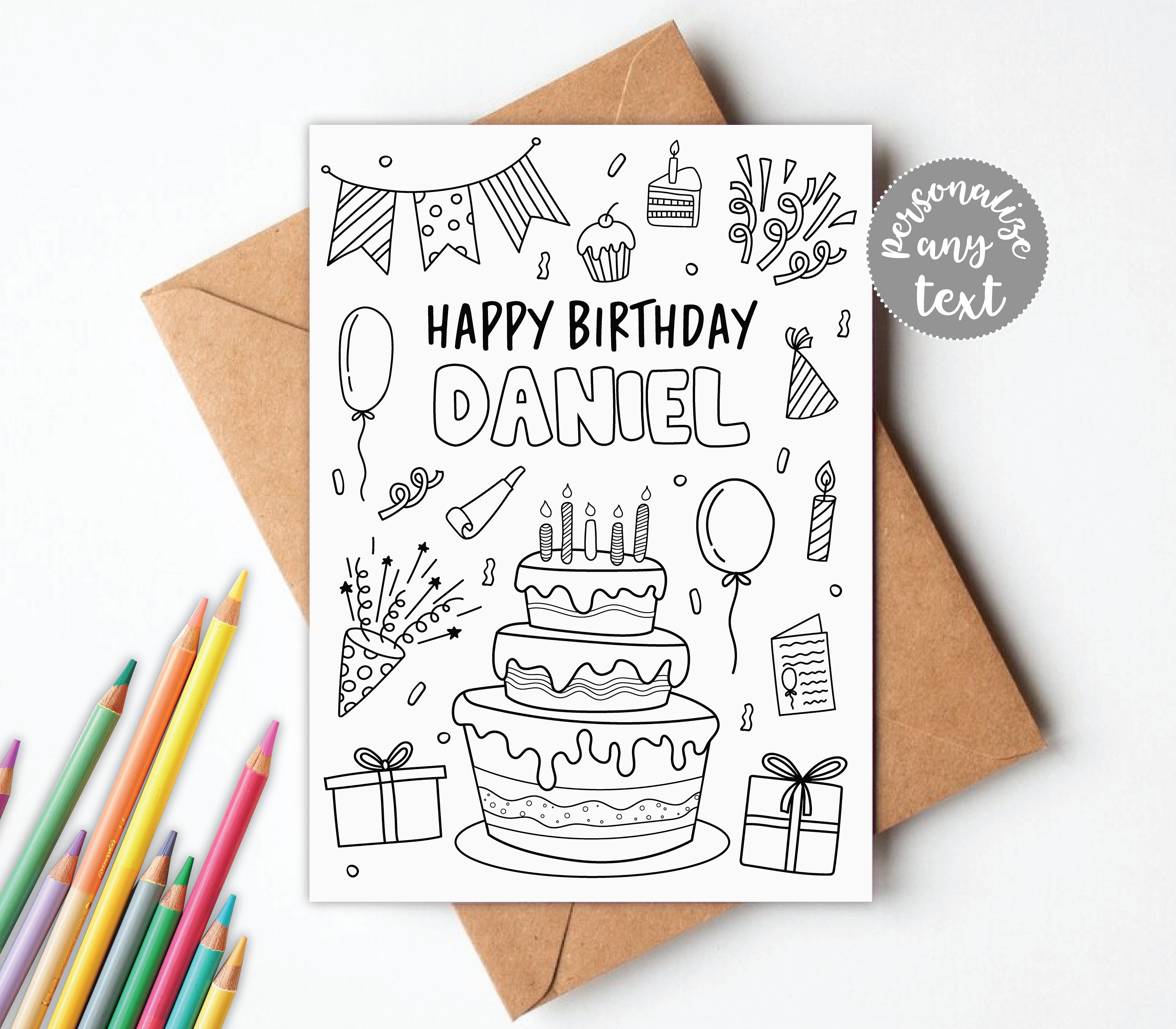 happy birthday coloring card digital | colouring greeting card for