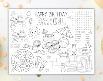 Summer Coloring Placemat DIGITAL | Pool Party Party Activity Sheet | Kids Coloring Page | EDITABLE Printable File Download