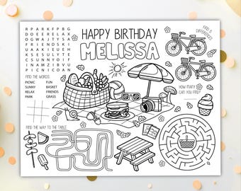 Picnic Coloring Placemat DIGITAL | Summer Party Activity Sheet | Birthday Kids Coloring Page | EDITABLE Printable File Download