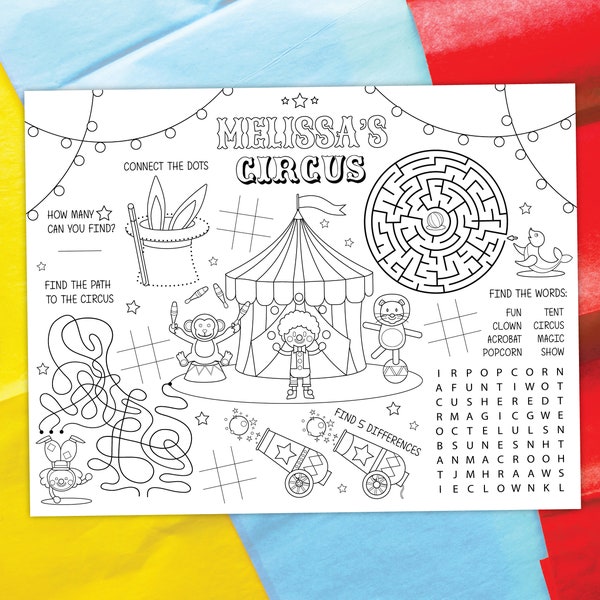 Circus Coloring Placemat DIGITAL | Carnival Party Table Activity | Kids Coloring Page | EDITABLE Printable File Download A102