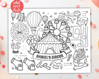 Circus Coloring Placemat DIGITAL | Carnival Party Table Activity | Kids Coloring Page | EDITABLE Printable File Download A102