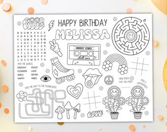 Groovy Coloring Placemat DIGITAL | Retro Vintage Party Activity Sheet | Kids Coloring Page | EDITABLE Printable File Download