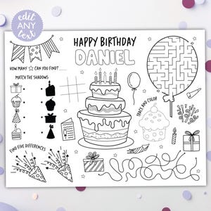Birthday Party Coloring Placemat DIGITAL | Party Activity | Kids Coloring Page | EDITABLE Printable File Download
