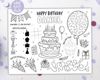 Birthday Party Coloring Placemat DIGITAL | Party Activity | Kids Coloring Page | EDITABLE Printable File Download