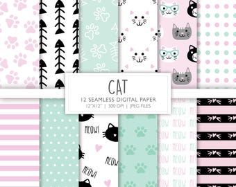 May include: A set of 12 digital papers featuring various cat-themed patterns. The patterns include paw prints, fish bones, stripes, polka dots, and cats with different expressions. The papers are 30.5 cm by 30.5 cm and 300 DPI.