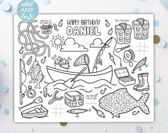 Fishing Coloring Placemat DIGITAL | Fish Party Activity Sheet | Fisherman Kids Coloring Page | EDITABLE Printable File Download