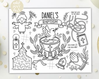 Baptism Coloring Placemat DIGITAL | Christening Party Activity Sheet | Church Kids Coloring Page | EDITABLE Printable File Download