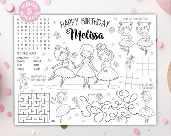 Ballerina Coloring Placemat DIGITAL | Ballet Party Activity | Kids Coloring Page | EDITABLE Printable File Download A115