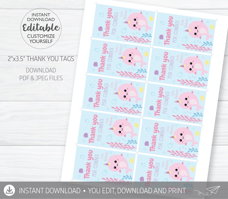 Narwhal Birthday Thank You Tag DIGITAL Narwhal Party Favor - Etsy