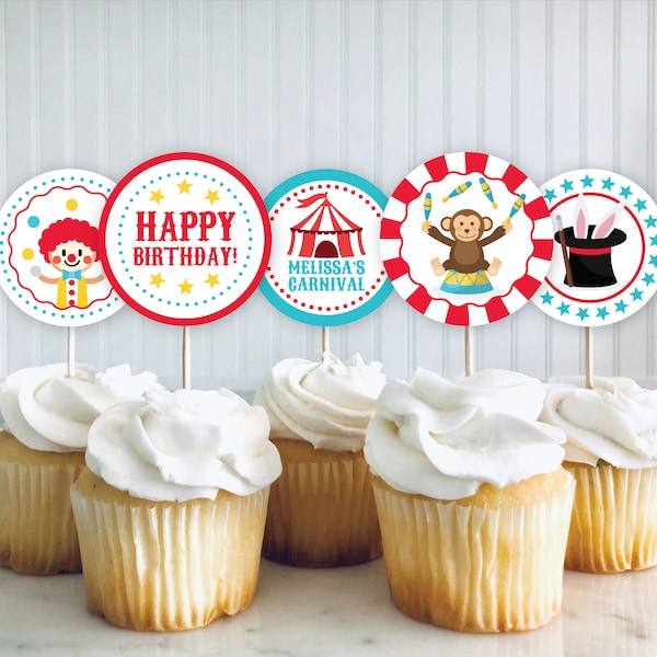 Circus Birthday Cupcake Toppers DIGITAL | Carnival Party Decoration | Printable File | EDITABLE Instant Download A102