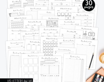 May include: A printable set of 30 black and white reading log pages. The pages include sections for tracking books read, favorite authors, book wishlists, and more. The pages are designed for use with US Letter, A4, or A5 paper.