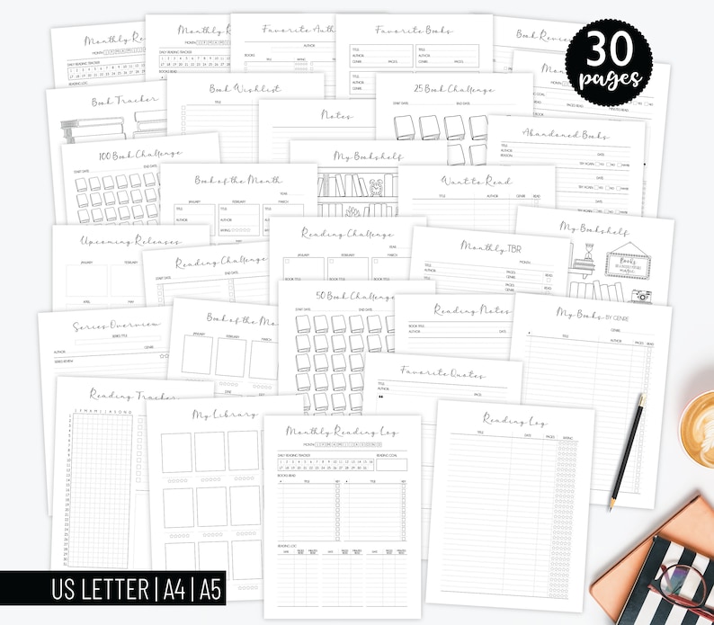 Book Reading Journal Bundle | Minimalist Planner Set | Digital Reading ...