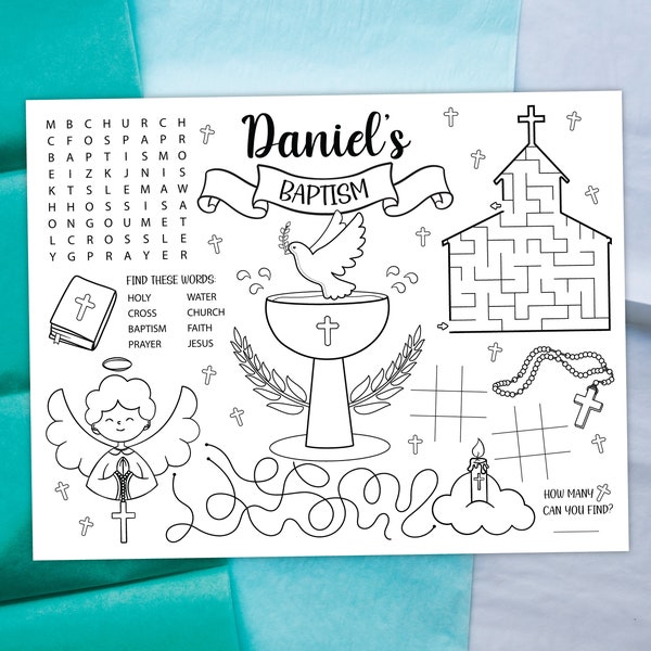 Baptism Coloring Placemat DIGITAL | Christening Party Activity Sheet | Kids Coloring Page | EDITABLE Printable File Download