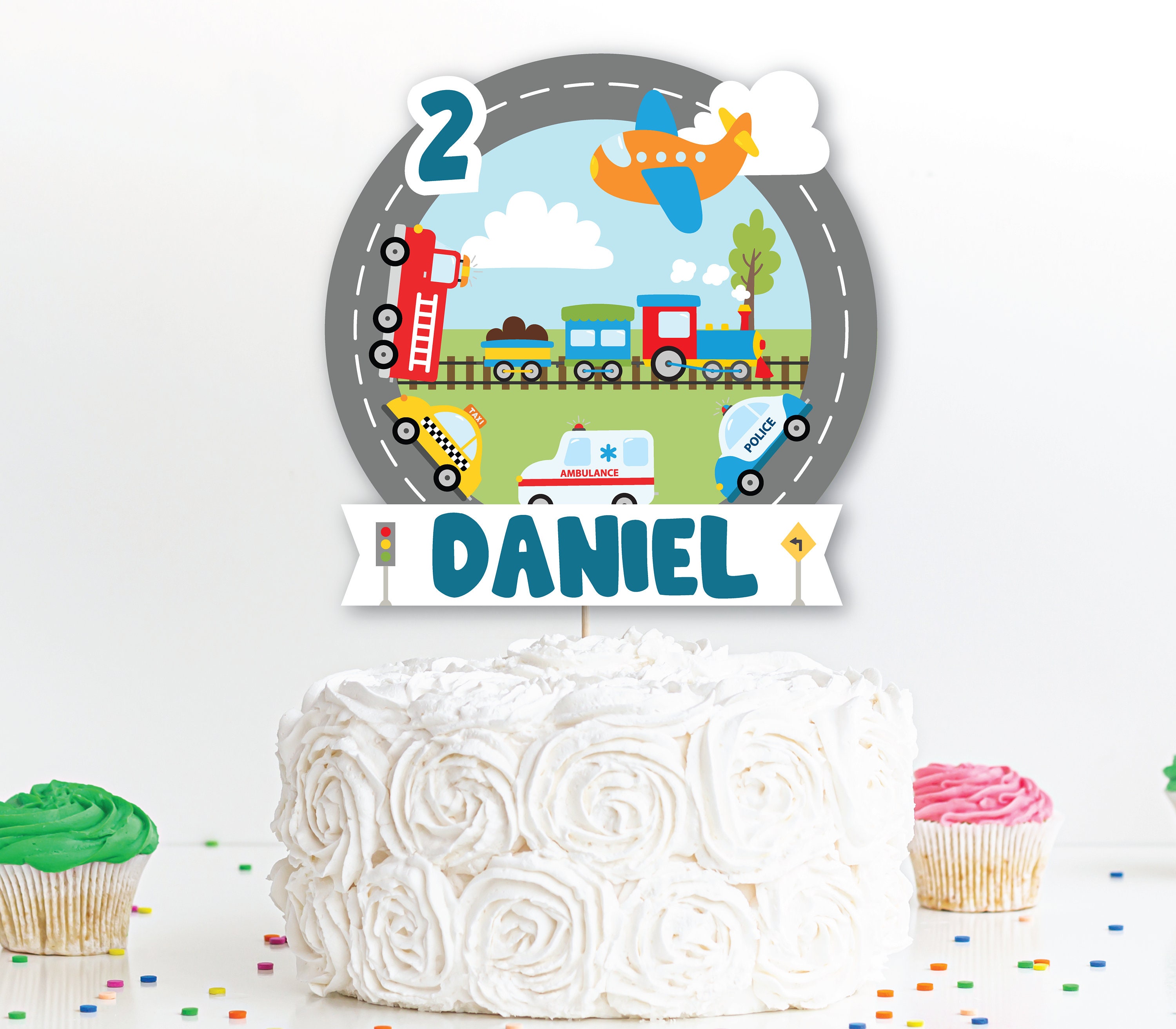 Transportation Birthday Cake Topper DIGITAL | Transport Party Decoration | Vehicles Printable File | EDITABLE Instant Download A112