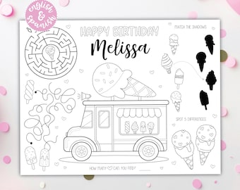 Ice Cream Truck Coloring Placemat DIGITAL | Party Activity | Kids Coloring Page | EDITABLE Printable File Download A103