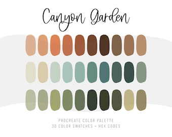 Paleta de colores Procreate Canyon Garden / iPad: Conjunto de 30 muestras de color / Códigos hexadecimales / Archivo ASE de Adobe Illustrator y Photoshop