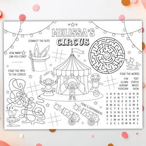 Circus Coloring Placemat DIGITAL | Carnival Party Table Activity | Kids Coloring Page | EDITABLE Printable File Download A102