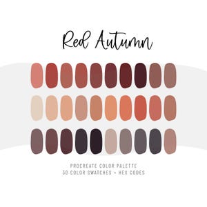 May include: A Procreate color palette titled "Red Autumn" featuring 30 color swatches in shades of red, brown, and beige. The palette includes hex codes for each color. The design is set against a white background.