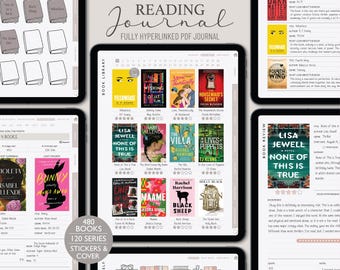 Op de afbeelding: Een digitaal leesdagboek met een bibliotheek en een sectie voor boekrecensies. Het dagboek bevat een kalender, boekomslagen en een beoordelingssysteem. De tekst op het scherm luidt "Digitaal Leesdagboek" en "Volledig gelinkte PDF-dagboek".
