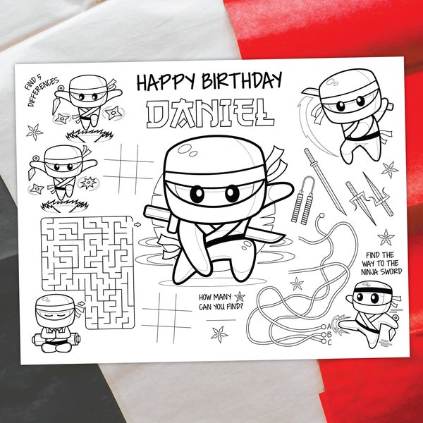 Ninja Coloring Placemat DIGITAL | Warrior Party Activity Sheet | Kids Coloring Page | EDITABLE Printable File Download