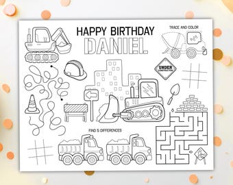 Construction Coloring Placemat DIGITAL | Builder Party Activity Sheet | Kids Coloring Page | EDITABLE Printable File Download