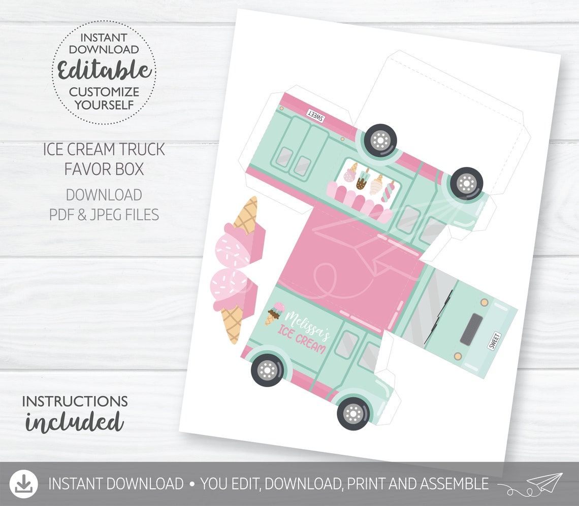 Ice Cream Truck Favor Box DIGITAL Pink and Mint Personalized - Etsy