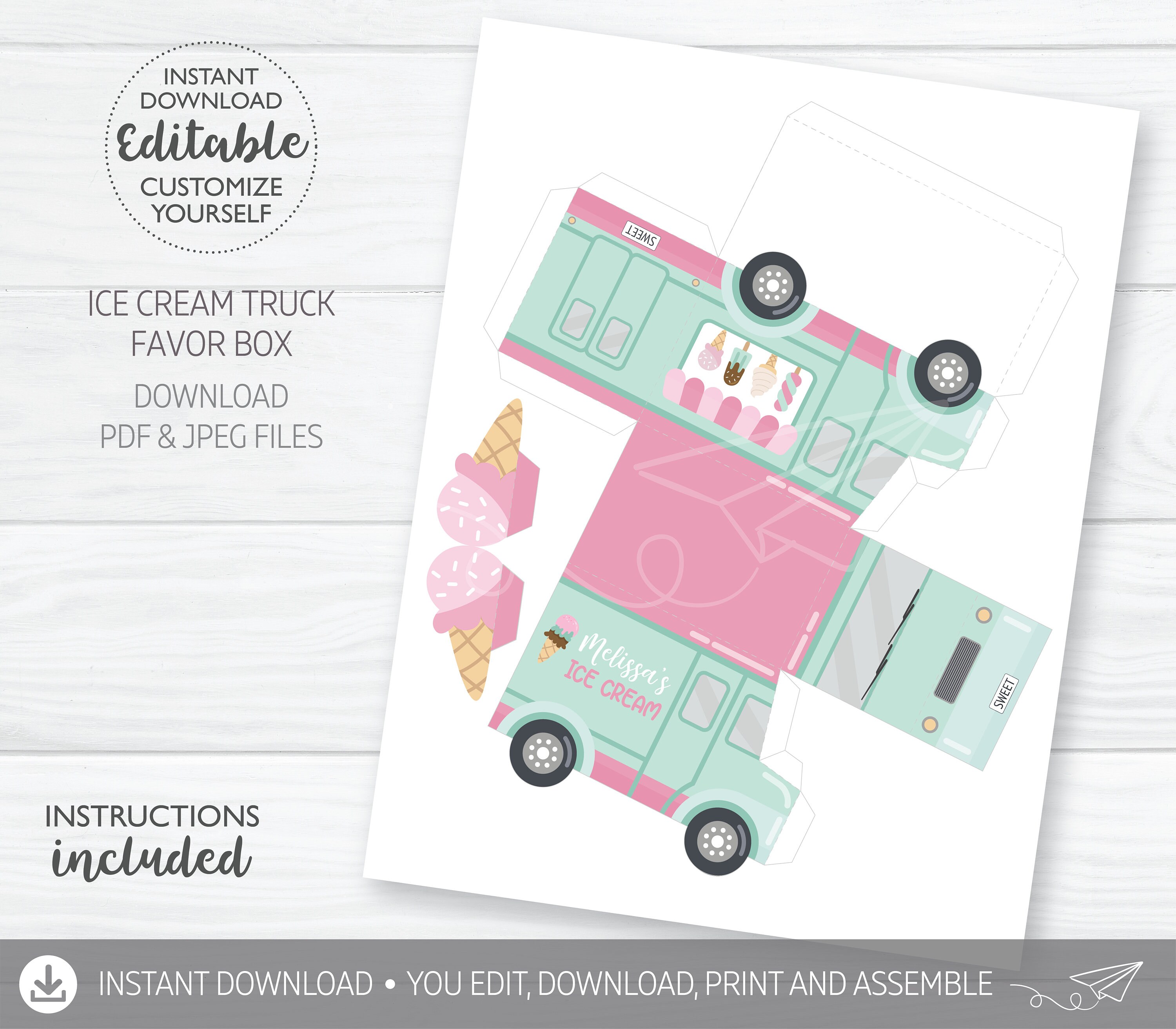 Ice Cream Truck Favor Box DIGITAL Pink and Mint Personalized - Etsy