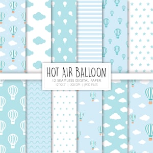 Hot Air Balloon Seamless Digital Paper | Blue Background Pattern | Scrapbook Pages | Printable File | Instant Download A128
