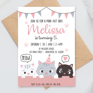 Kitten Birthday Invitation DIGITAL | Kitty Pink Birthday Party | Personalized Cat Invite | Editable and Printable File Download A101