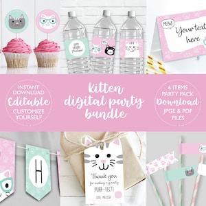 Kitten Birthday Party Kit DIGITAL | Cat Party Bundle Set | Personalized Kitty Party Pack | EDITABLE Printable File Download A101