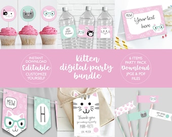 Kitten Birthday Party Kit DIGITAL | Cat Party Bundle Set | Personalized Kitty Party Pack | EDITABLE Printable File Download A101