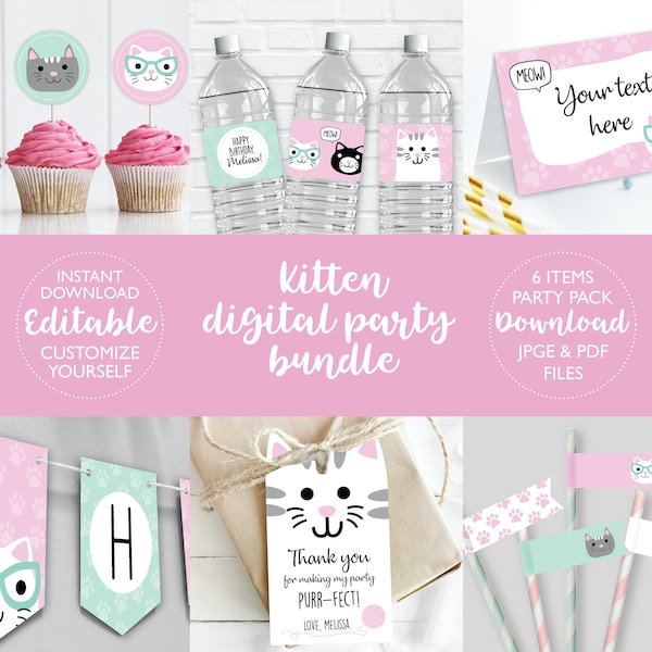 Kitten Birthday Party Kit DIGITAL | Cat Party Bundle Set | Personalized Kitty Party Pack | EDITABLE Printable File Download A101