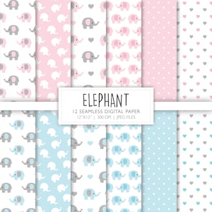 Elefant nahtloses digitales Papier | Rosa und Blau Hintergrundmuster | Scrapbook Seiten | Druckbare Datei | Sofortdownload A117