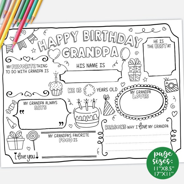Happy Birthday Grandpa Coloring Page DIGITAL | All About Grandpa Fill In Sheet | Grandfather's Birthday Activity Printable| Instant Download