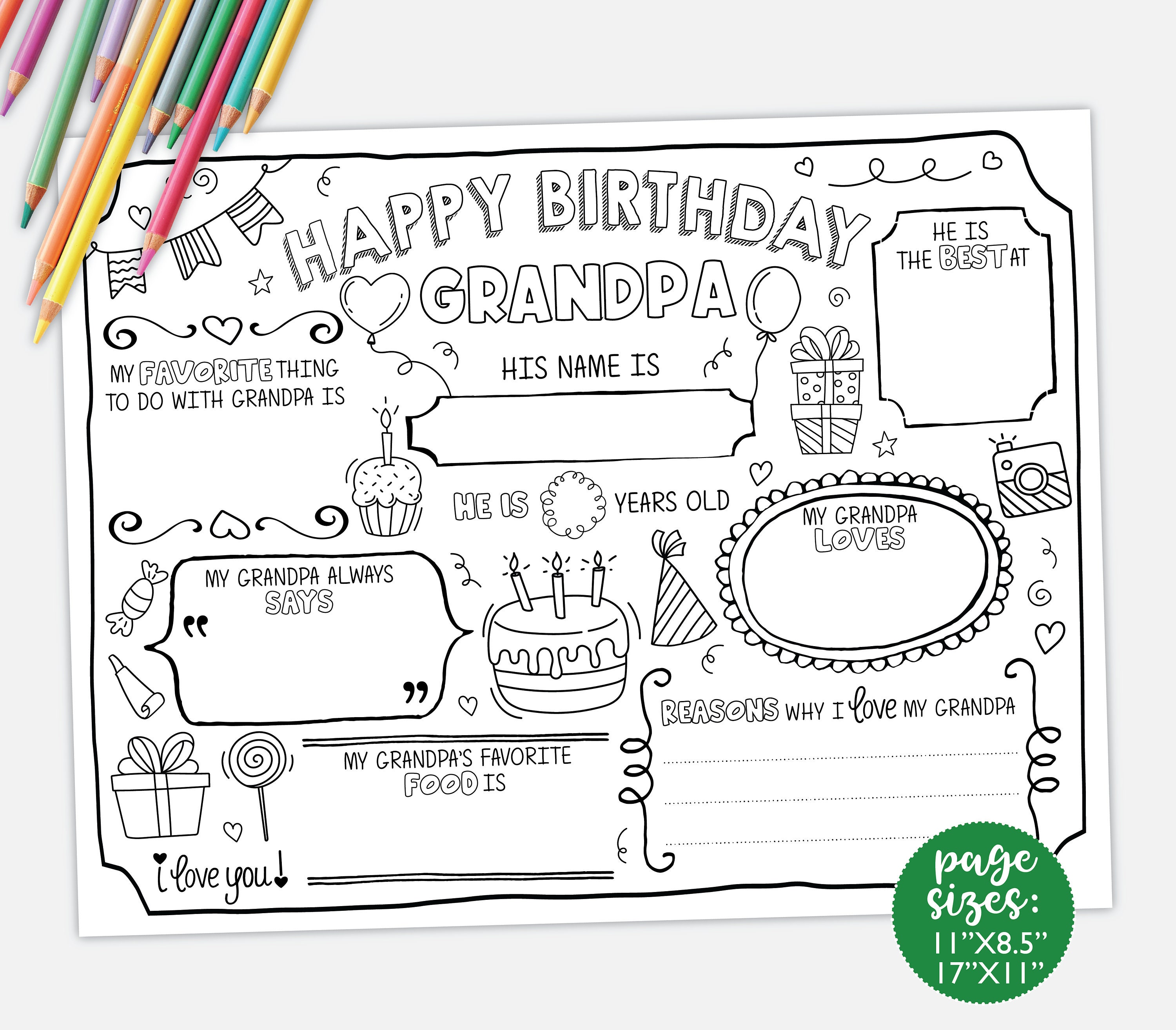 Happy Birthday Grandpa Coloring Page DIGITAL | All About Grandpa Fill In Sheet | Grandfather's Birthday Activity Printable| Instant Download