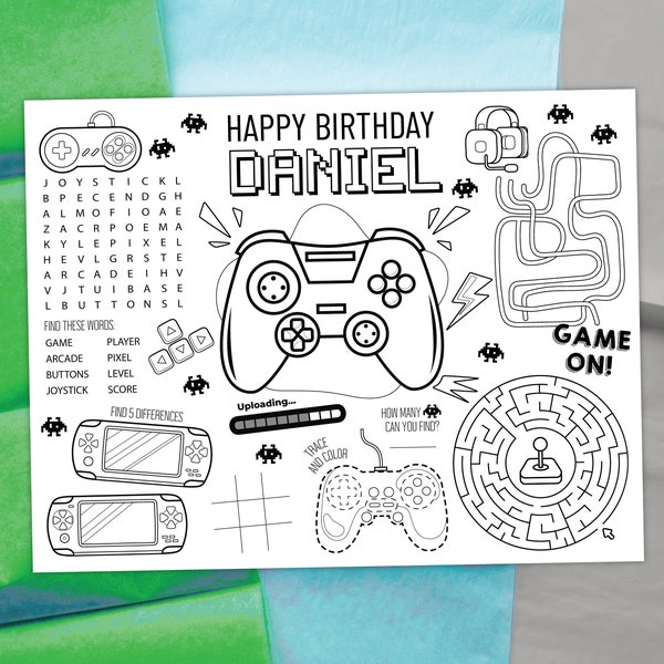 Video Game Coloring Placemat DIGITAL | Player Party Activity | Kids Coloring Page | EDITABLE Printable File Download A127